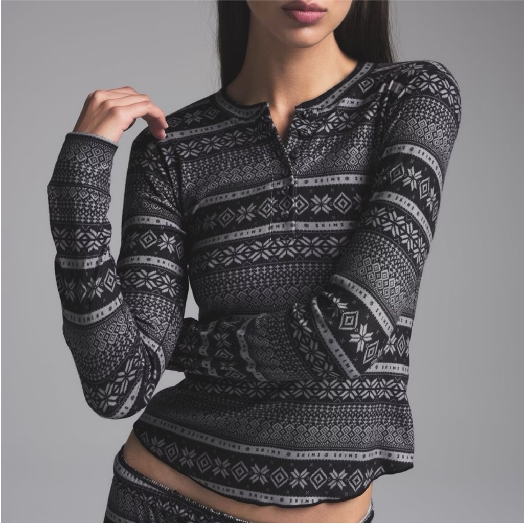 Skims Gray Black Logo Plush Fair Isle Pointelle Henley Button Top Pajama Xs